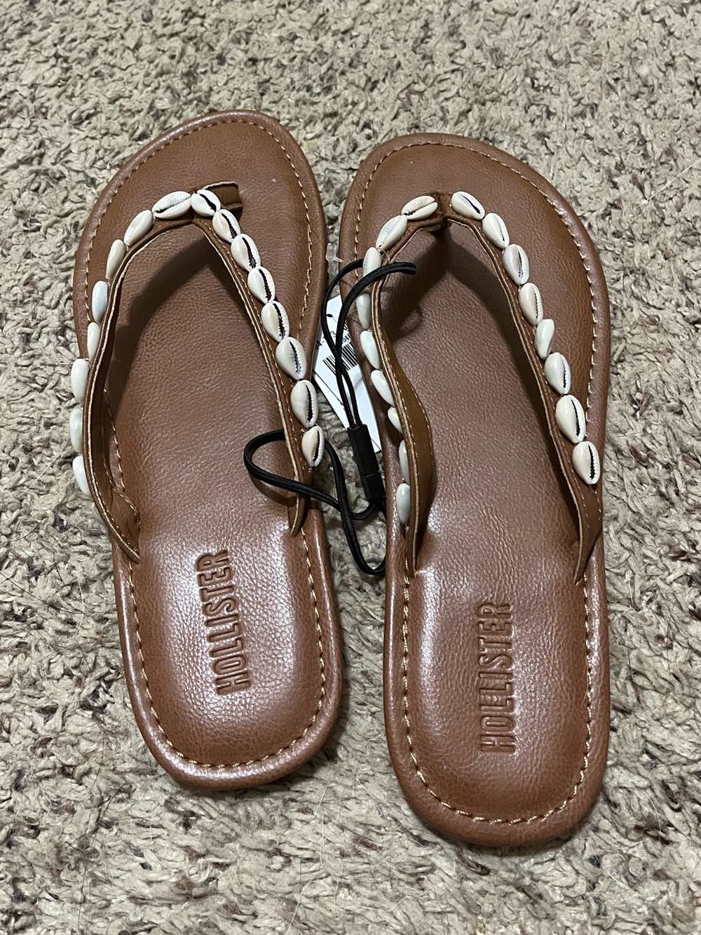 Hollister Brown Flip Flop Sandals with White Shell Detail